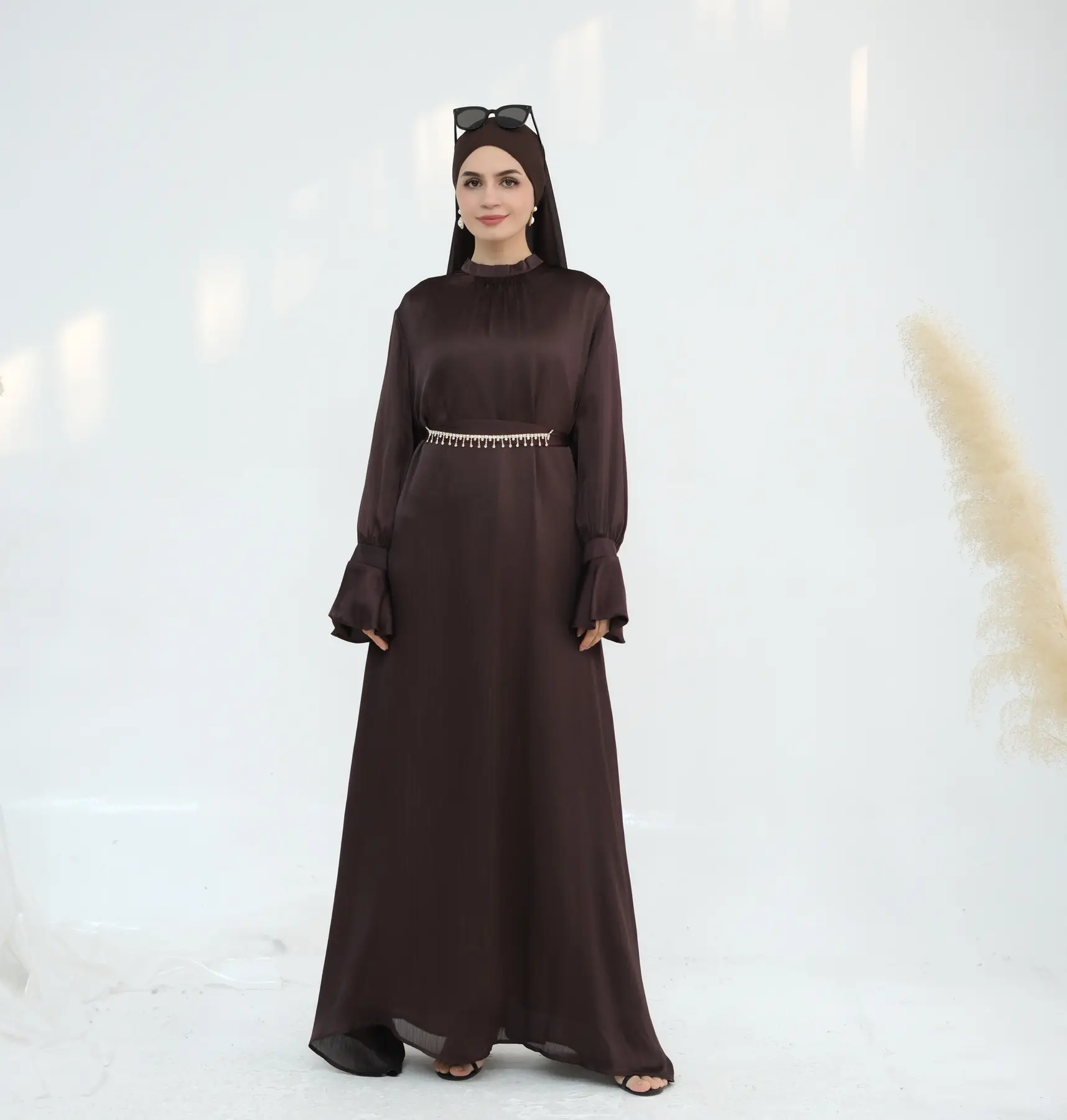 Soft Wound Lace Up Two-Piece Dress with Elegant Satin Long Skirt - abaya tiktok shop black Tie Dye Print Modest Abaya elegant design