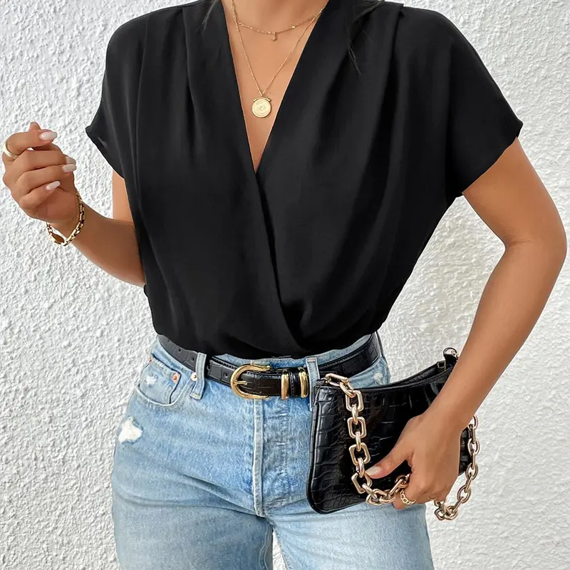 Women's Plain Basic Wrap Batwing Sleeve Bodysuit, Elegant Deep V Neck Short Sleeve Bodysuit, Women Summer Outfit for Daily Wear, Shortie Bodysuit