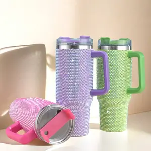 40 Oz Stainless Steel Car Cup, Rhine-Diamond & Sippy Design, Vacuum Insulated Water Bottle, Reusable Leak-Proof Flip Lid, Perfect Gift, Tumbler With Lid