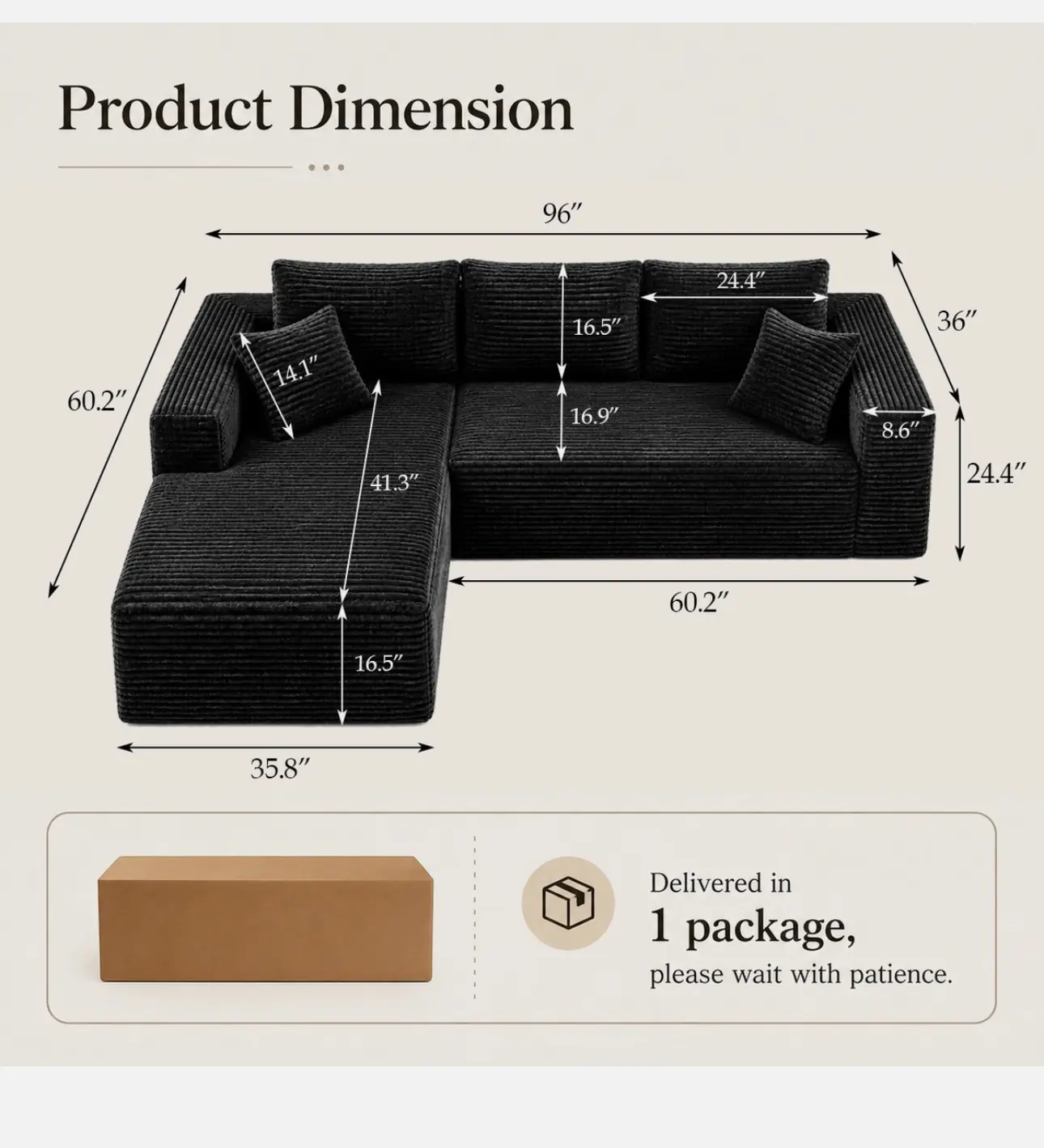 96" Boneless Couch Right Chaise L Shape Sectional Cloud Sofa Set for Living Room