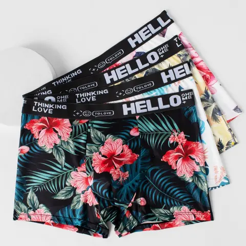 Men's Tropical Print Letter Tape Boxer Brief, Casual Comfy Breathable and Soft Underwear for Daily Wear, Mens Boxer Briefs for All Seasons, National Day Offers