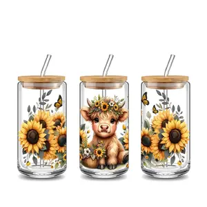 Sunflower Highland Cow Pattern Glass Cup, 16oz Reusable Drinking Cup with Lid & Straw, Drinking Cup for Home Office Use, Stylish Drinkware, Clear Glass Cup