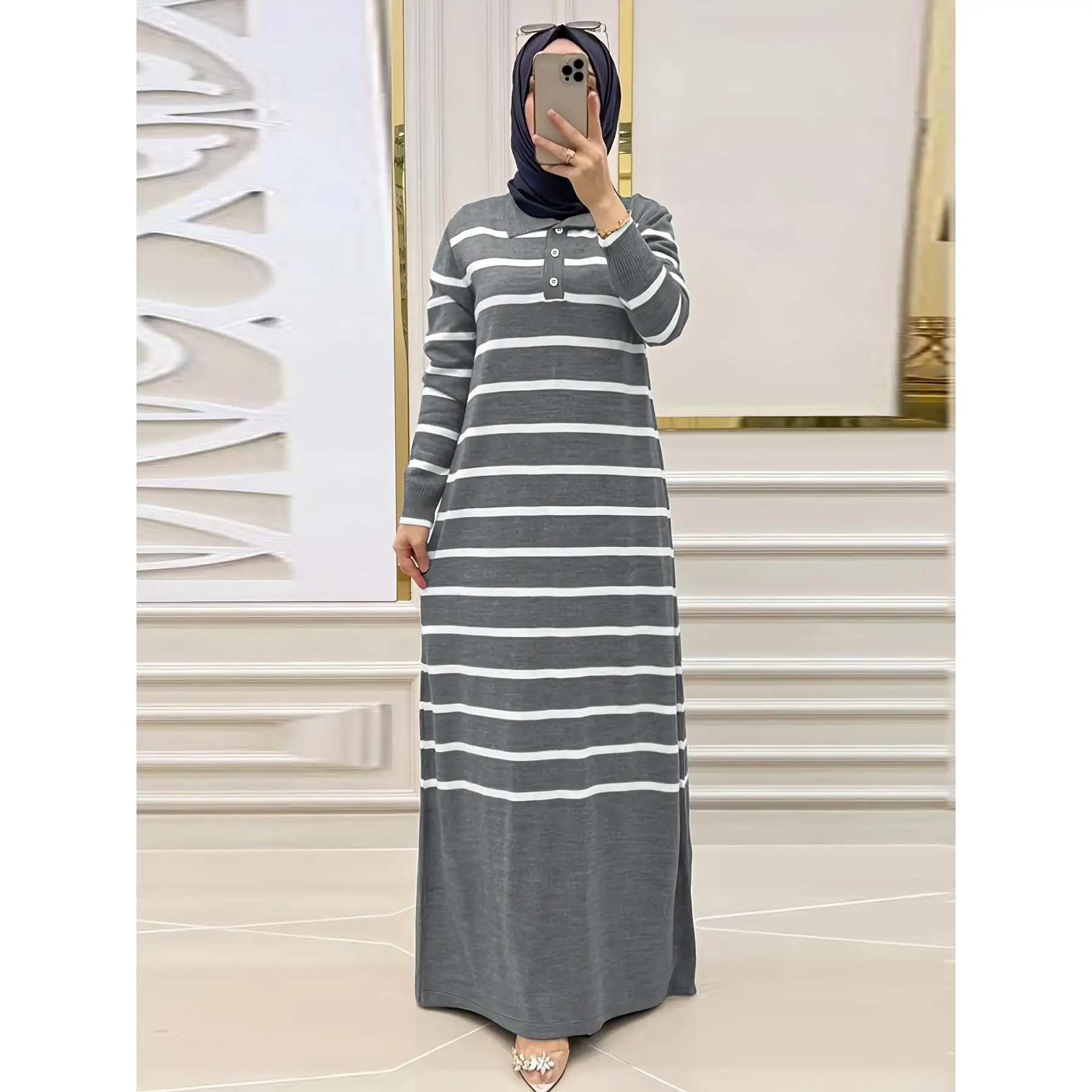 Striped Polyester Knit Tunic Sweater Dress - Lapel Collar, H-Line Contour, Button Detail - Muslim Knitted Dress for Women