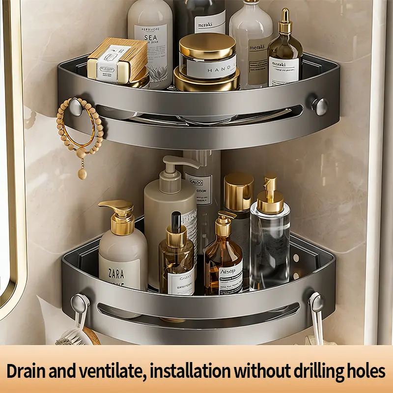 Bathroom Corner Mount Wall-Safe Shower Organizer, Self-Adhesive Suction Design, No Wall Damage, Easy to Remove and Wash for Shower, Washstand Storage, Shower Caddy Hanging for Bathtub Shampoo Storage, Bathroom Organizer Accessories