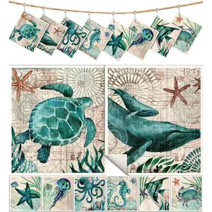 8 Pack Reusable Kitchen Swedish Dishcloths for Washing Dishes Absorbent Fast Drying Cleaning Sponge Cloths Cute Pattern Decorate Washable Swedish Towels, Blue Sea