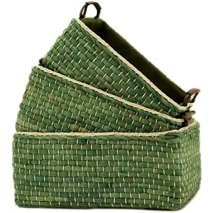 Baskets Woven Maize Storage Bins Set of 3,Kingwillow. (Green,Rectangular)
