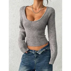 WomenSolidColorLongSleeveSlimFitKnitTop,VersatileFallWinterClothForWomen