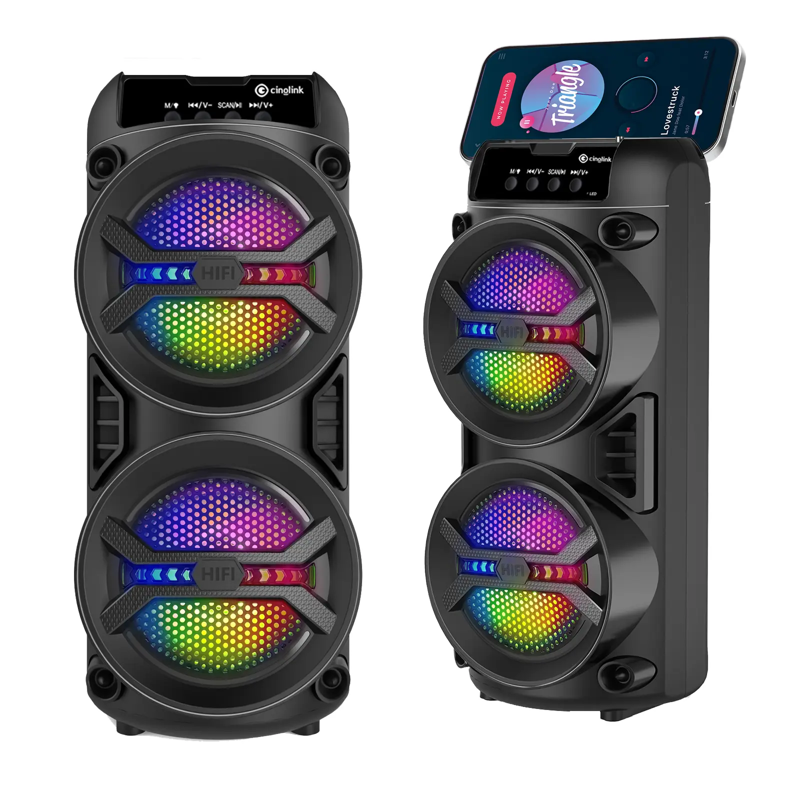 Bluetooth speaker, wireless party speaker featuring dual 3.5-inch drivers, RGB lighting, TWS stereo, FM radio, USB/TF card/AUX inputs, a microphone, and a rechargeable battery.