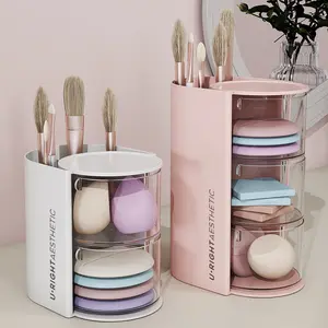 Rotating Dustproof Makeup Puff Storage Box for Dresser Desktop Beauty Sponge Cushion Lipstick Brush Organizer