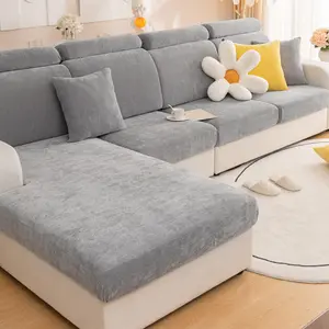 1pc Solid Color Chenille Sofa Cover, Stretchable Pet-Friendly Elastic Sofa Slipcover, Breathable All-Season Couch Protector for Home Office Living Room Decor