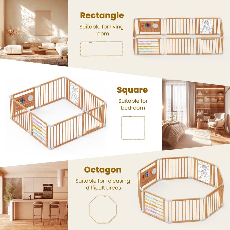 Naudacaa Baby Playpen & Safety Gate, 6/8/10 Panels  Foldable Pine Wood Play Yard with Child-Proof Lock, Easy-Assembly Baby Fence for Indoor Safe Play