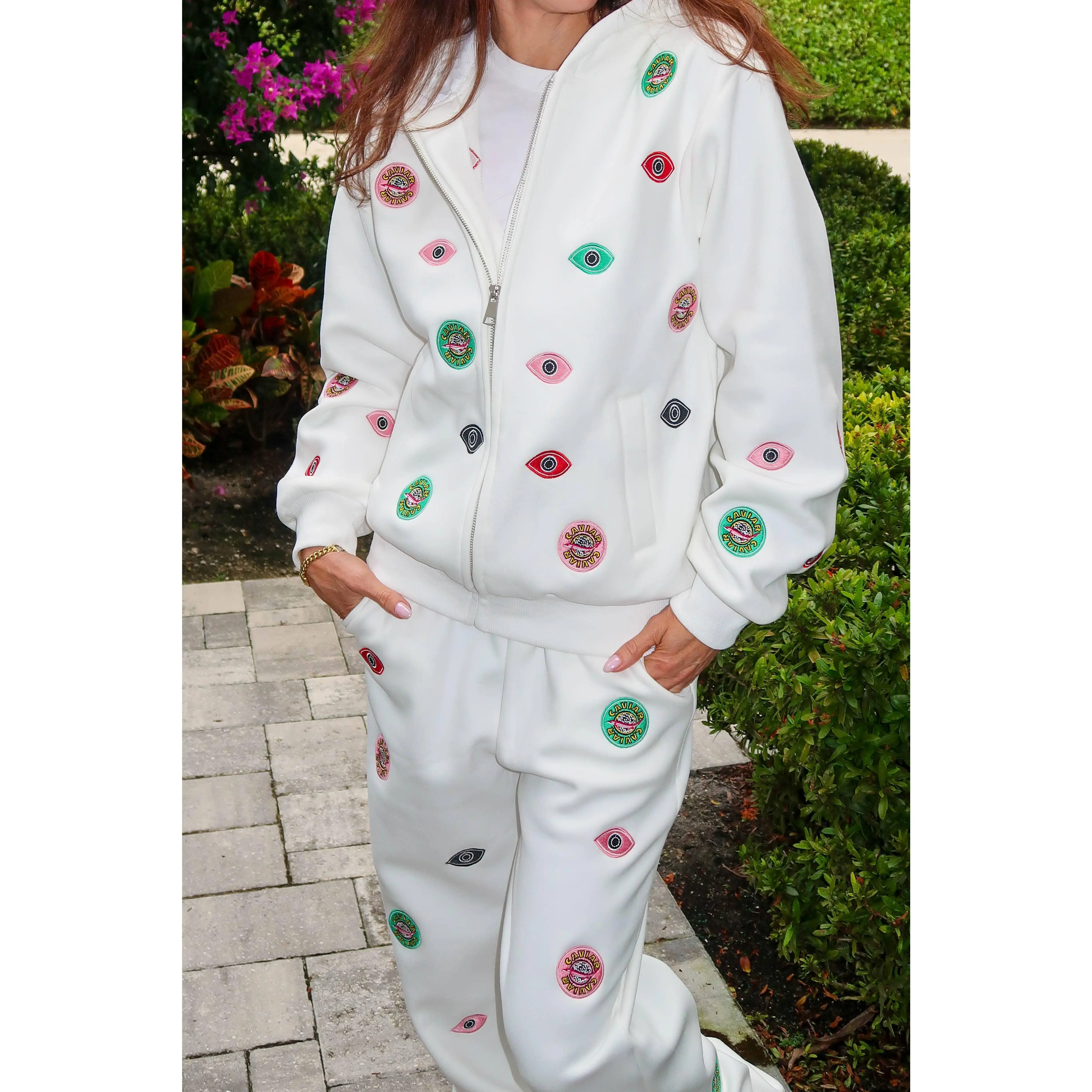Women's Evil Eye Pattern 2-Piece Cotton Fabric Hoodie & Pants Set - Sporty Chic Caviar Detail Sweatset, Collaboration with Bethenny Frankel, Activewear for Teens/Women