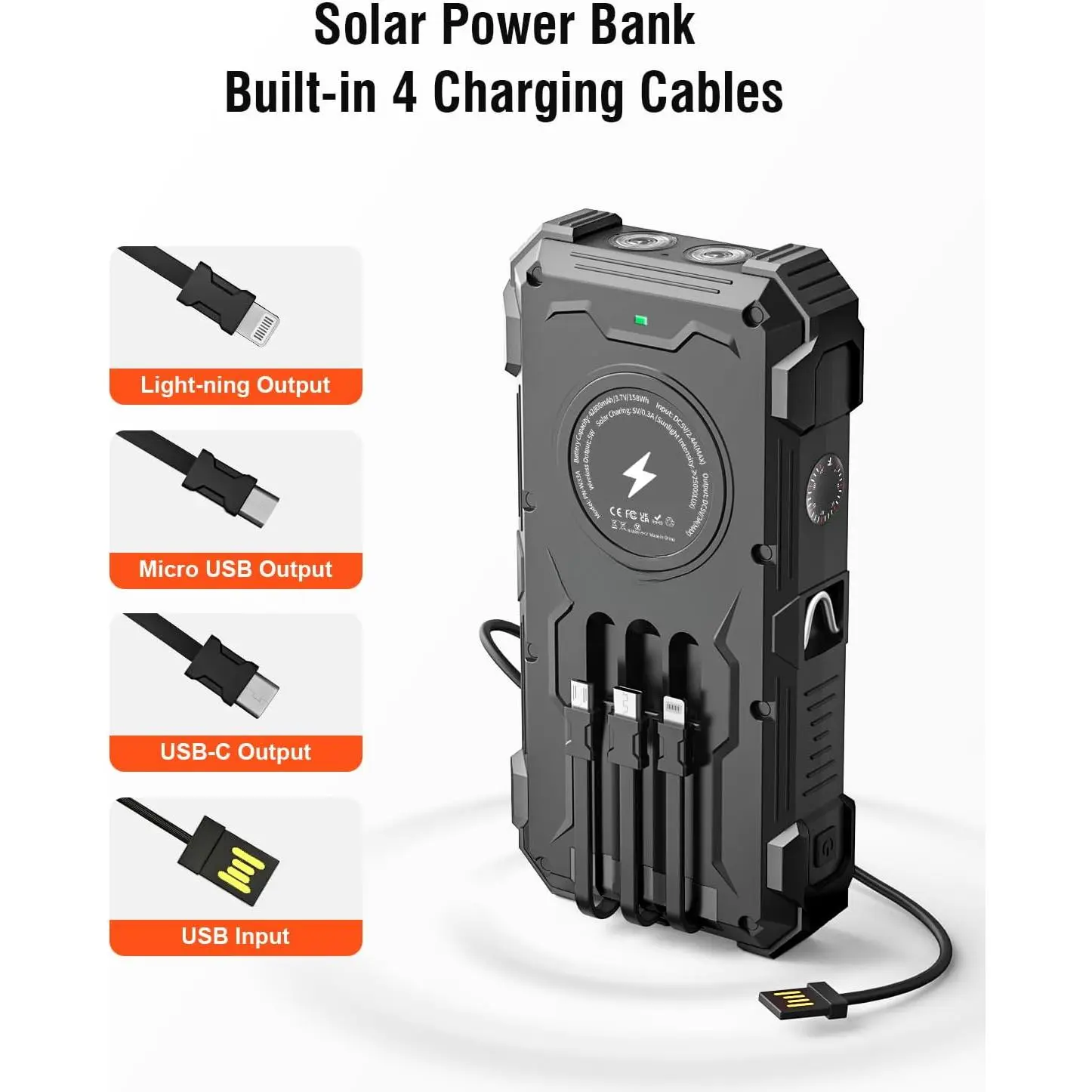 Solar Charger Power Bank, 42800mAh Wireless Portable Charger with USB-C in/Output, QC3.0 Fast Charging 15W 4 Ports Outdoor Battery Pack Built-in Dual Led Flashlights for iPhone Samsung etc