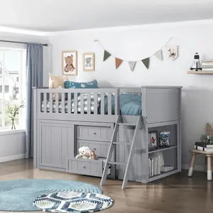 Bartly Captains Mission Style Grey Finish Wood Twin Size Low Loft Bed with Under Bed Dresser & Bookcase Unique Bedroom Furniture