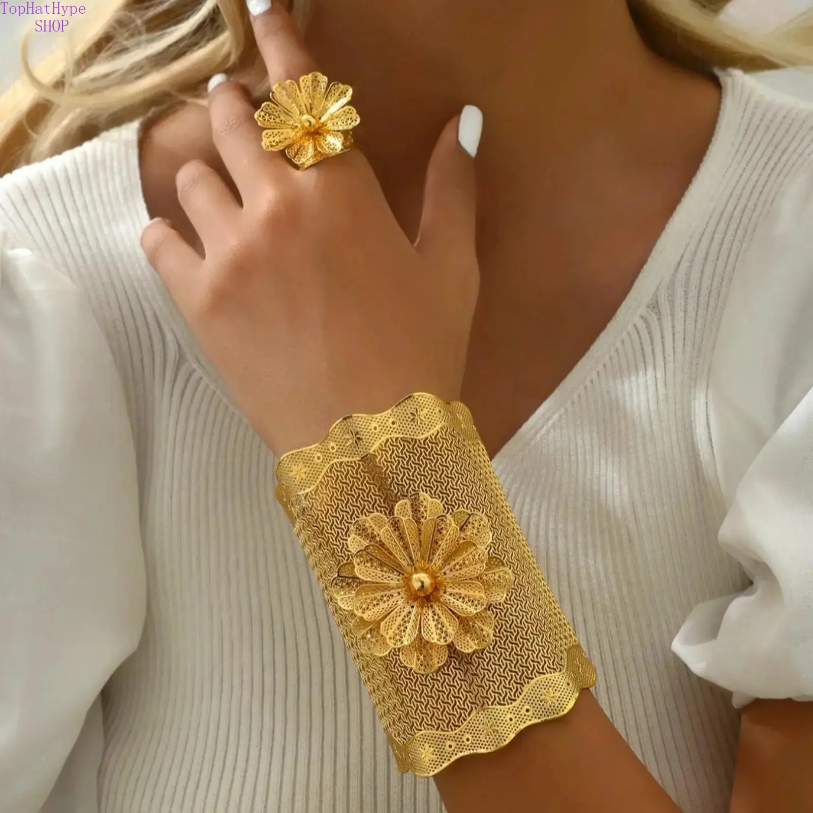 Women’s Elegant Flower Cuff Bangle & Ring 2‑Pcs Set, Vintage Dainty Floral Jewelry, Trendy Exquisite Versatile Accessories for Daily Casual Wear, Party Occasions & Romantic Gift‑Giving
