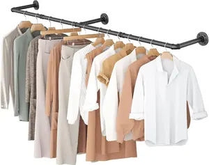 Clothes Rack, 65.7" Industrial Pipe Clothing Rack for Hanging Clothes, Wall Mounted Heavy Duty Space Saving Garment Rack for Closet Storage, Black, 3 Base