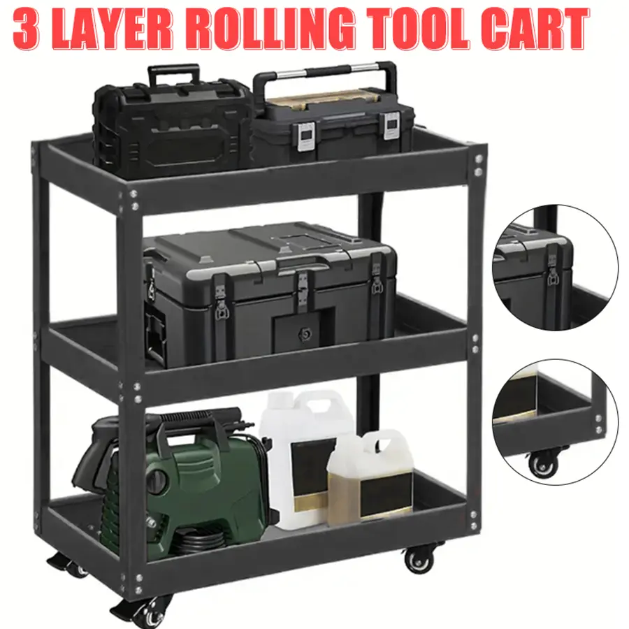 3 layer rolling tool cart, heavy steel utility vehicle with hooks, garage trolley, DIY tool rack for organizing tool storage carts in garages, warehouses and repair shops