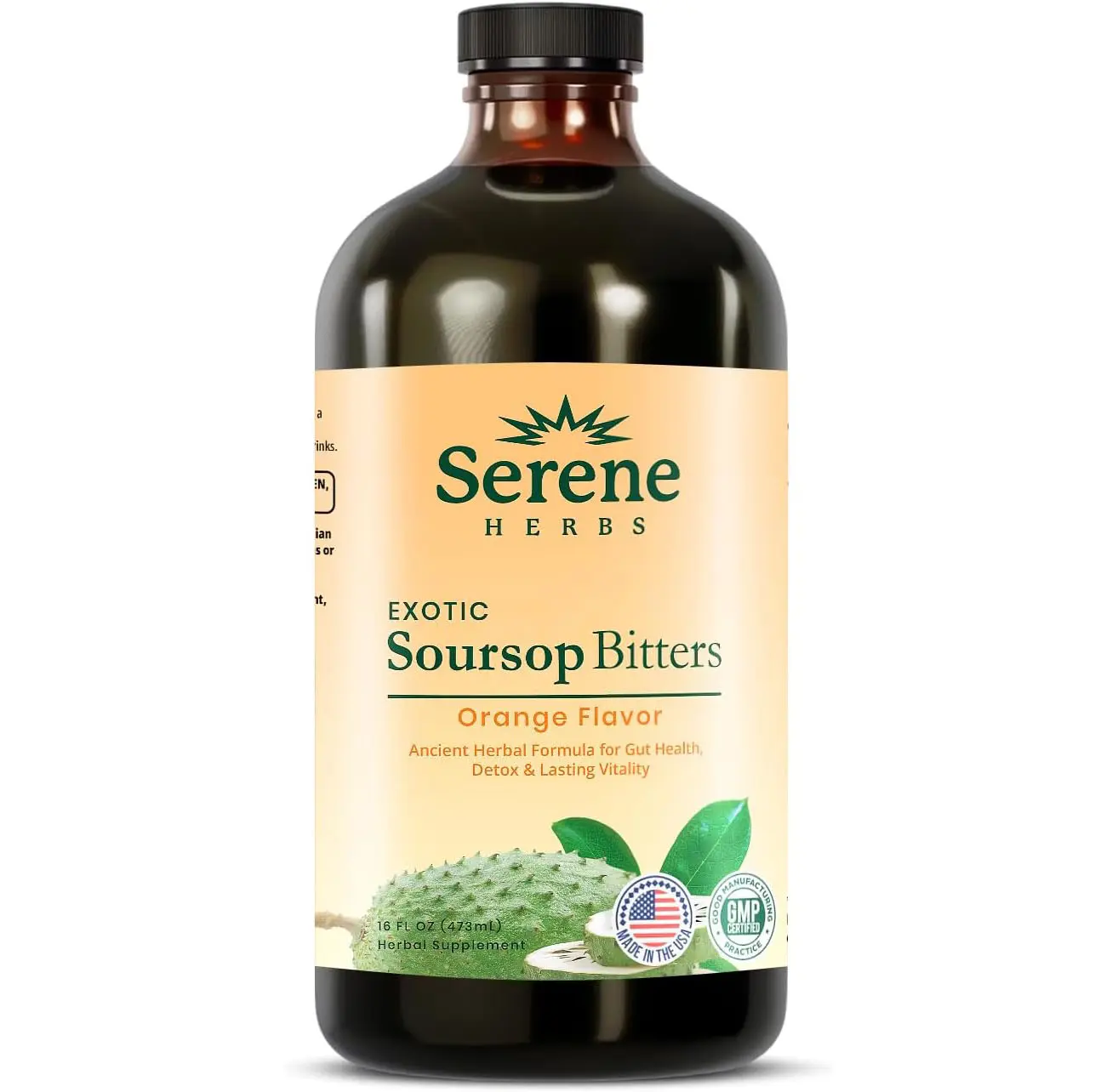 Serene Herbs Soursop Bitters Liquid – Organic Herbal Sour SOP Guanabana with Black Seed, Moringa, Irish Moss & Ginger – Gut Support, Energy & Immune Boost – Vegan, Non-GMO – Orange Flavor – 16 oz