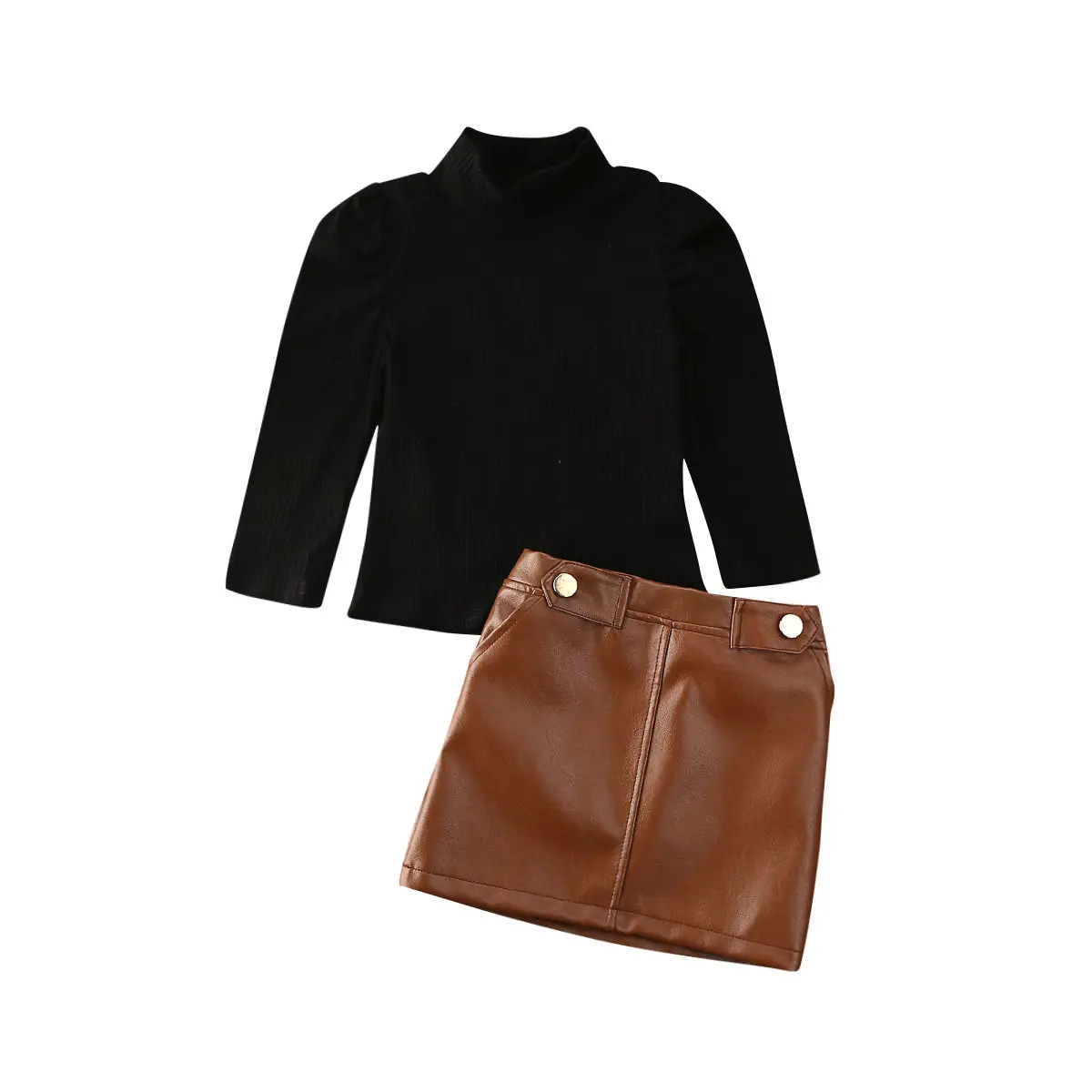 Baby Toddler Girl Outfits Fall Winter Clothes Turtleneck Knitted Cotton Long Sleeves Tops &  PU Leather Button Mini Skirts Set