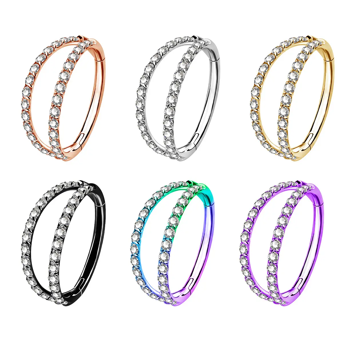 Oufer 18G Hinged Segment CZ Double Nose Hoop Ring - Sparkling Cubic Zirconia Stones on 316L Stainless Steel - Available in Multiple Colors & Sizes