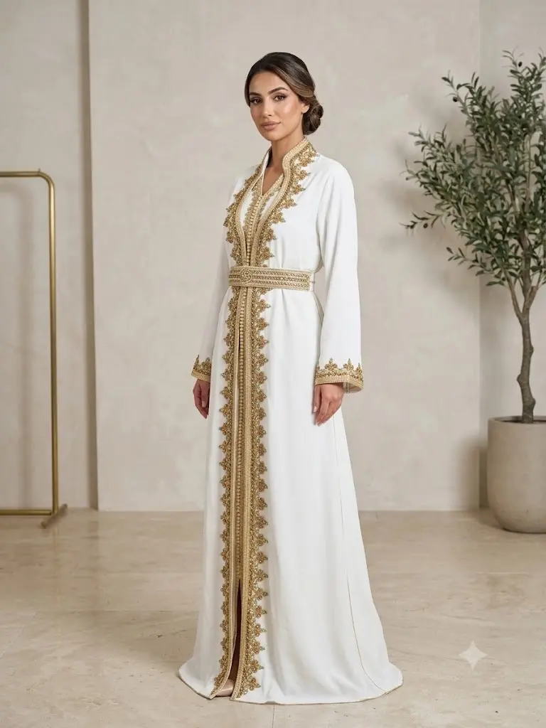 Luxury Moroccan Gold-Embroidered White 3-Piece Kaftan Abaya Set