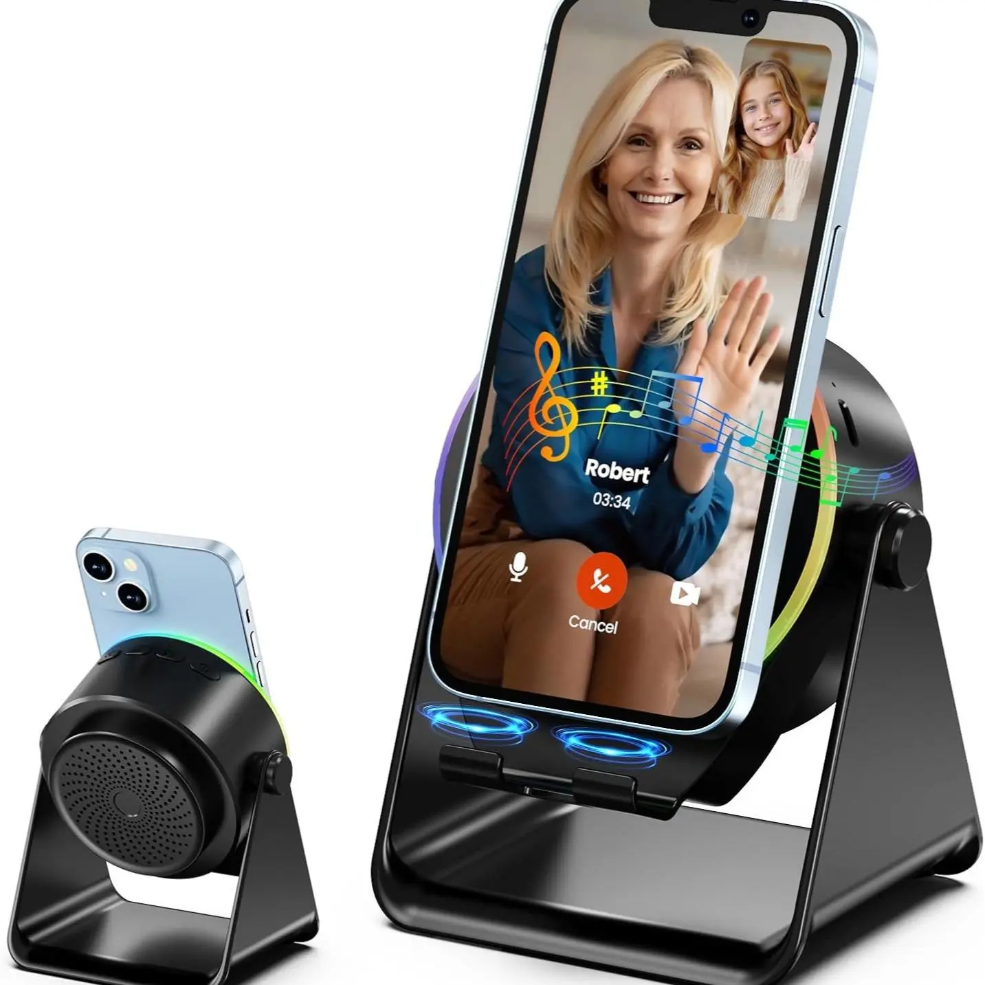 Multifunctional 5-in-1 Bluetooth Speaker, Wireless Audio Induction & Wireless Charging Design, 360° Rotating Phone Holder with Colorful RGB Lights, Portable Phone Speaker Amplifier for iPhone/iPad/Android/Samsung Device Smartphone Chargeable tiktokshopspr