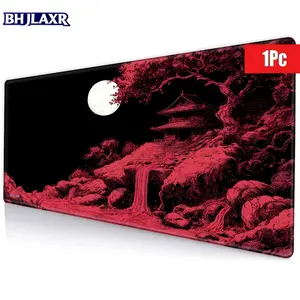 Serene Night Scene Mouse Pad, 15.7x35.4inch, Monochromatic Red & Black Illustration with Full Moon, Japanese Pagoda, Twisted Tree, Rocky Hillside & Waterfall, Gothic Eerie Tranquil Design, Non-Slip Base for Office/Gaming, Non Slip Mousepad