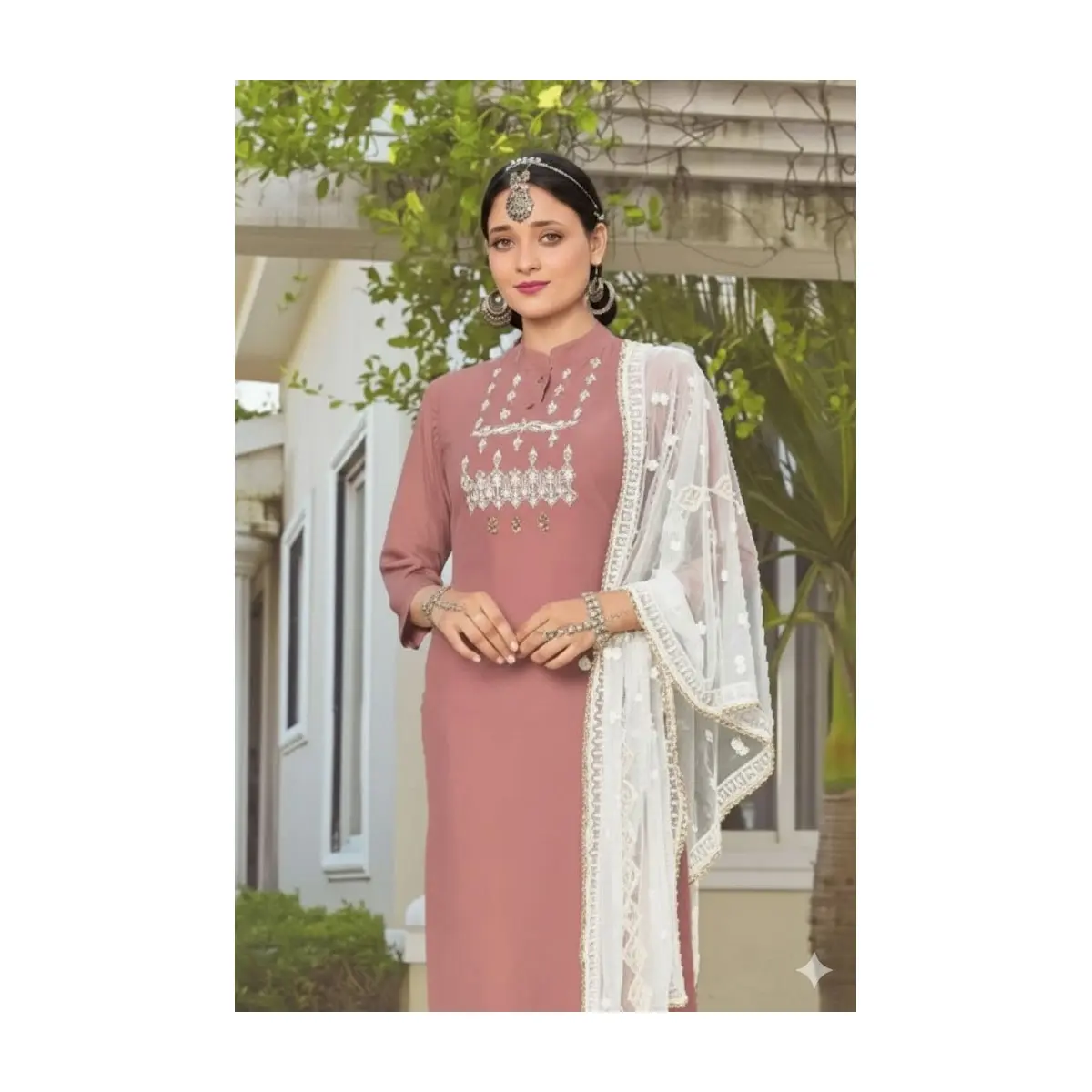 #Core-5 Elegant Dusty Rose Kurti & Net Dupatta Set .