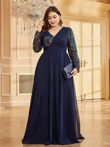 Elegant Plus Size Evening Gown, Sequin Embroidered Long Sleeve, V Neck a Line Chiffon Formal Dress, Lightweight Womenswear, Perfect for Weddings and Parties