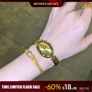 Women's Elegant Oval Dial Quartz Watch – Roman Numeral Design, Engraved Bangle Bracelet, Luxury Gold-Tone Timepiece, Ideal Gift for Daily Wear & Special Occasions