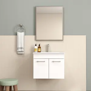 24-Inch Bathroom Vanity With Sink and Mirror Combo, Wall-Mounted Bathroom Vanity with Double Doors, Silver aluminum frame, Soft Close Hinges, Long metal handles, Ceramic basin, Glossy White
