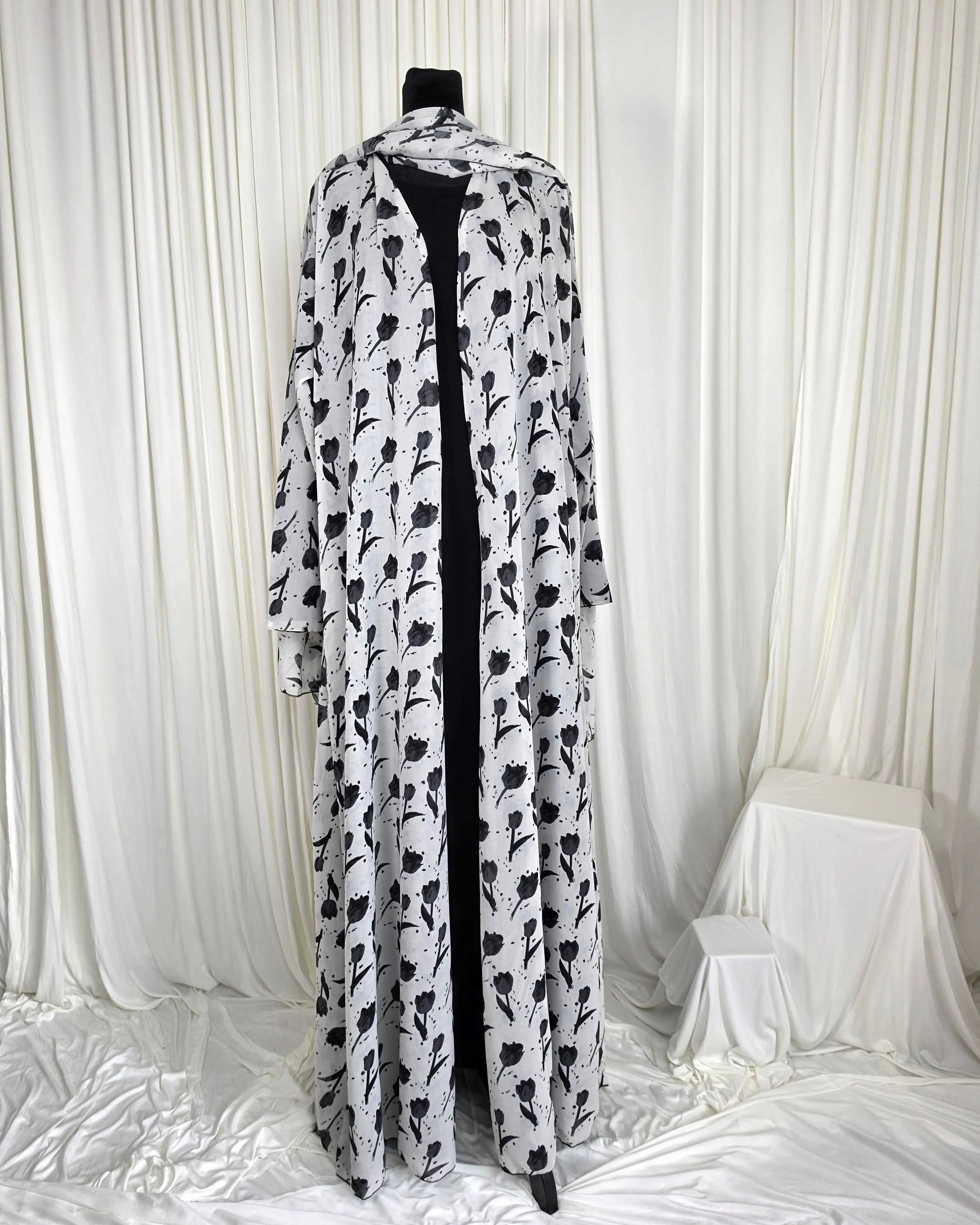 Fareeda Double Chiffon Floral Open Abaya with Matching Hijab