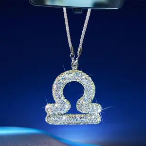 Bling Car Accessories for Women, 12 Zodiac Constellation Charm Crystal Pendant, Rear View Mirror Cute Crystal Pendant, Lucky Gifts Girly Diamond Rhinestone Charm Interior Libra