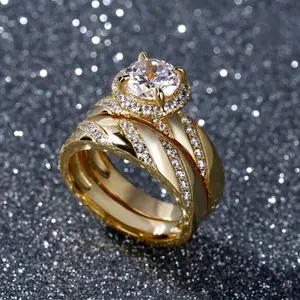 2 luxury gold alloy rings decorated with Zirconia stones, suitable for women to wear everyday and engagement
