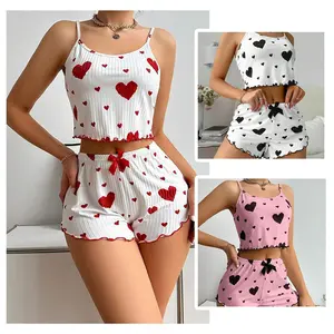 Ladies' Love Printed Camisole Shorts Cute Sweet Soft Comfortable Fitted Cut Casual Women's Pajamas Camisole Short Bow Tie Pajama