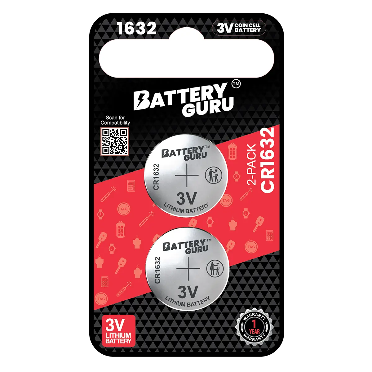 BatteryGuru Car Key Batteries CR1632 3V (Pack of 2) Durability BatteryGuru Car Key Batteries CR1632 3V (Pack of 2) Durability