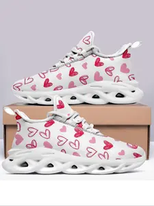 Women's Random Heart Print Lace Up Sneakers, Casual Breathable Comfortable Sports Running Shoes, All-match Round Toe Chunky Sneakers for Daily Wear
