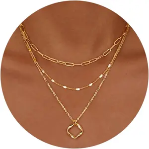 Layered Gold Necklaces for WomenGold Silver Plated Circle Paperclip Chain Pendant Choker Necklace Set For Woman