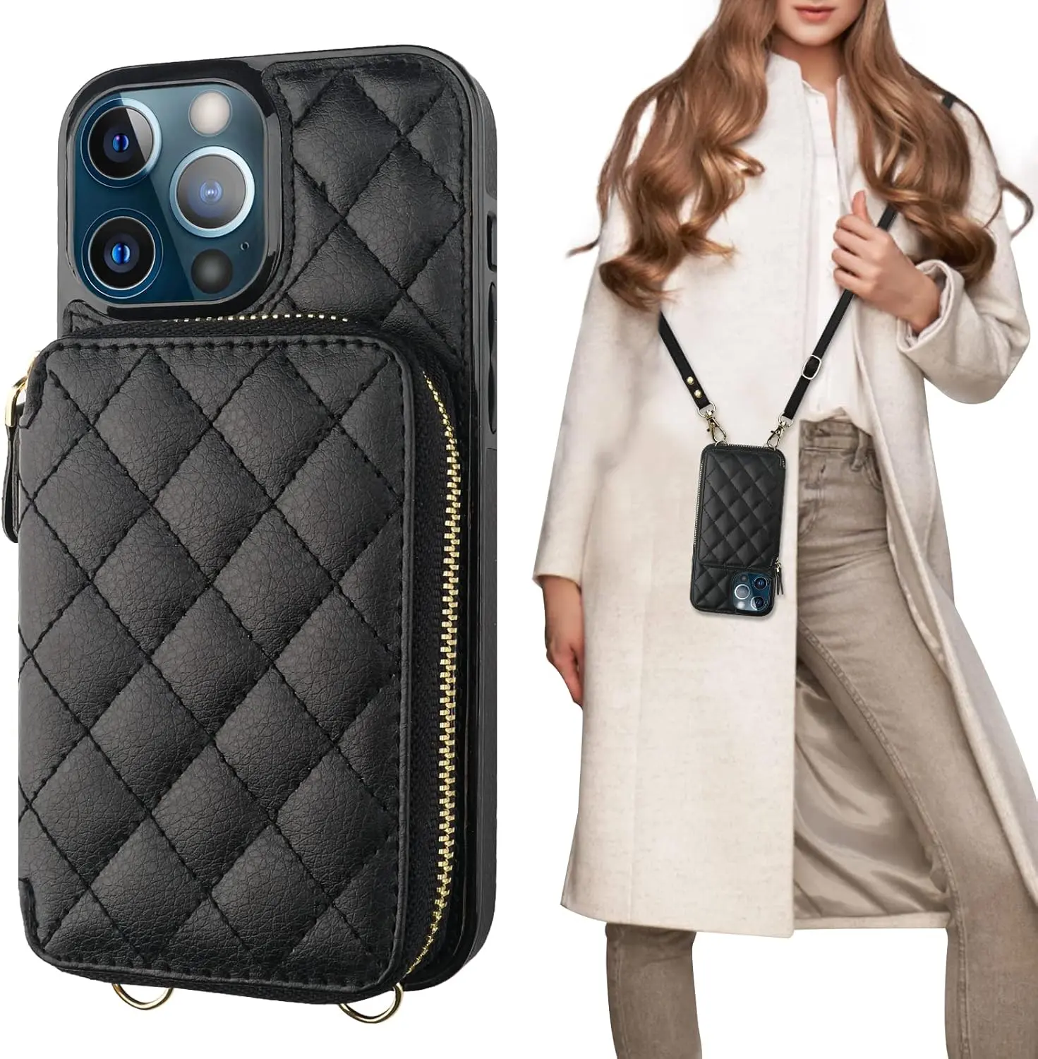 Crossbody Wallet Case for  13 Pro Max, RFID Blocking PU Leather Zipper Handbag Purse Flip Cover, Kickstand Folio Case with Card Slots Holder Wrist Strap Lanyard 5G 6.7 Inch (Black)