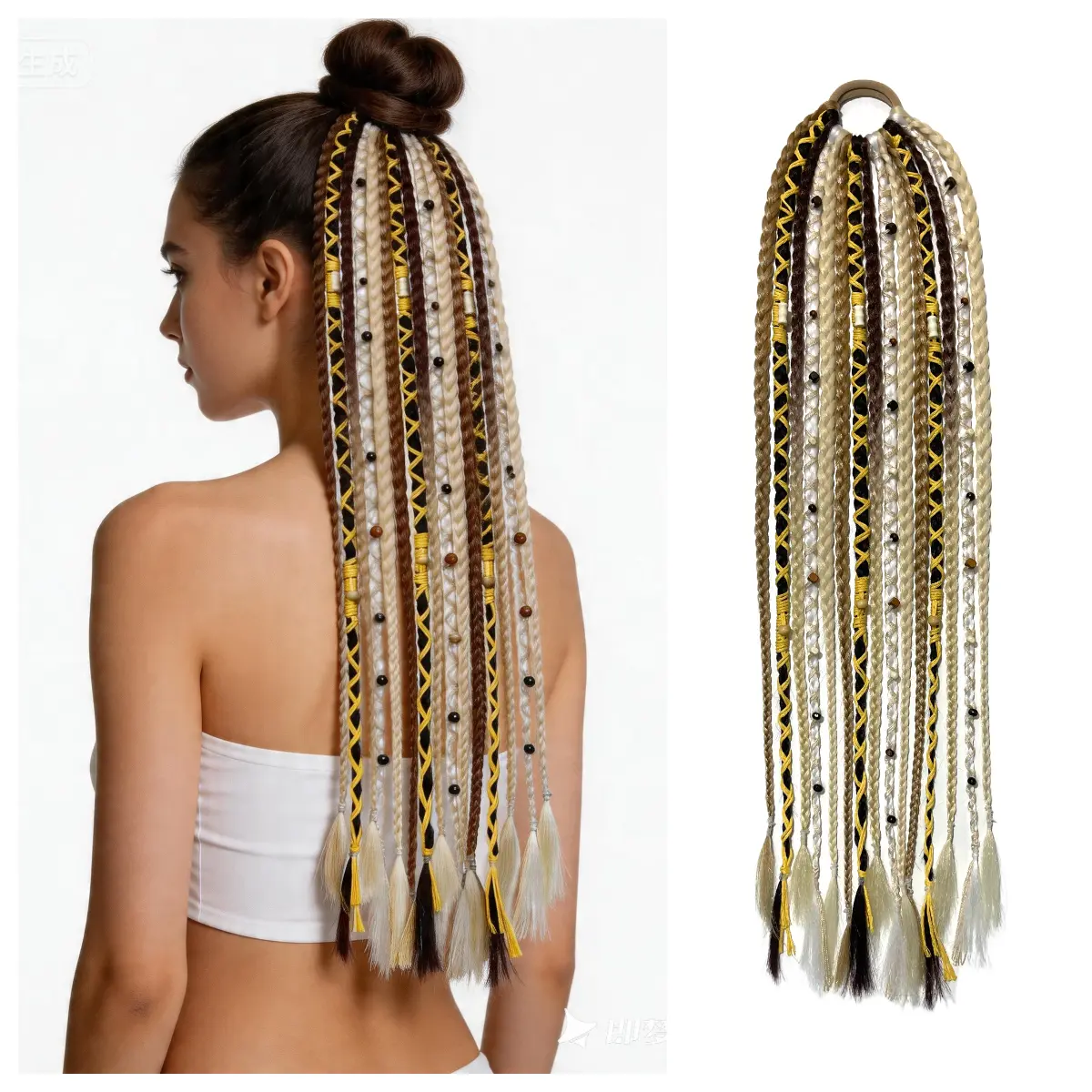 Braided Ponytail Extension for Women, 24-Inch Bohemian Handmade Beaded Hairpiece, 110g High-Temperature Synthetic Fiber with Elastic Tie, 15 Strands for Casual Wear, Hair Braids, 15 Pieces, All Seasons, 24 Inch Extensions, Beaded Braids