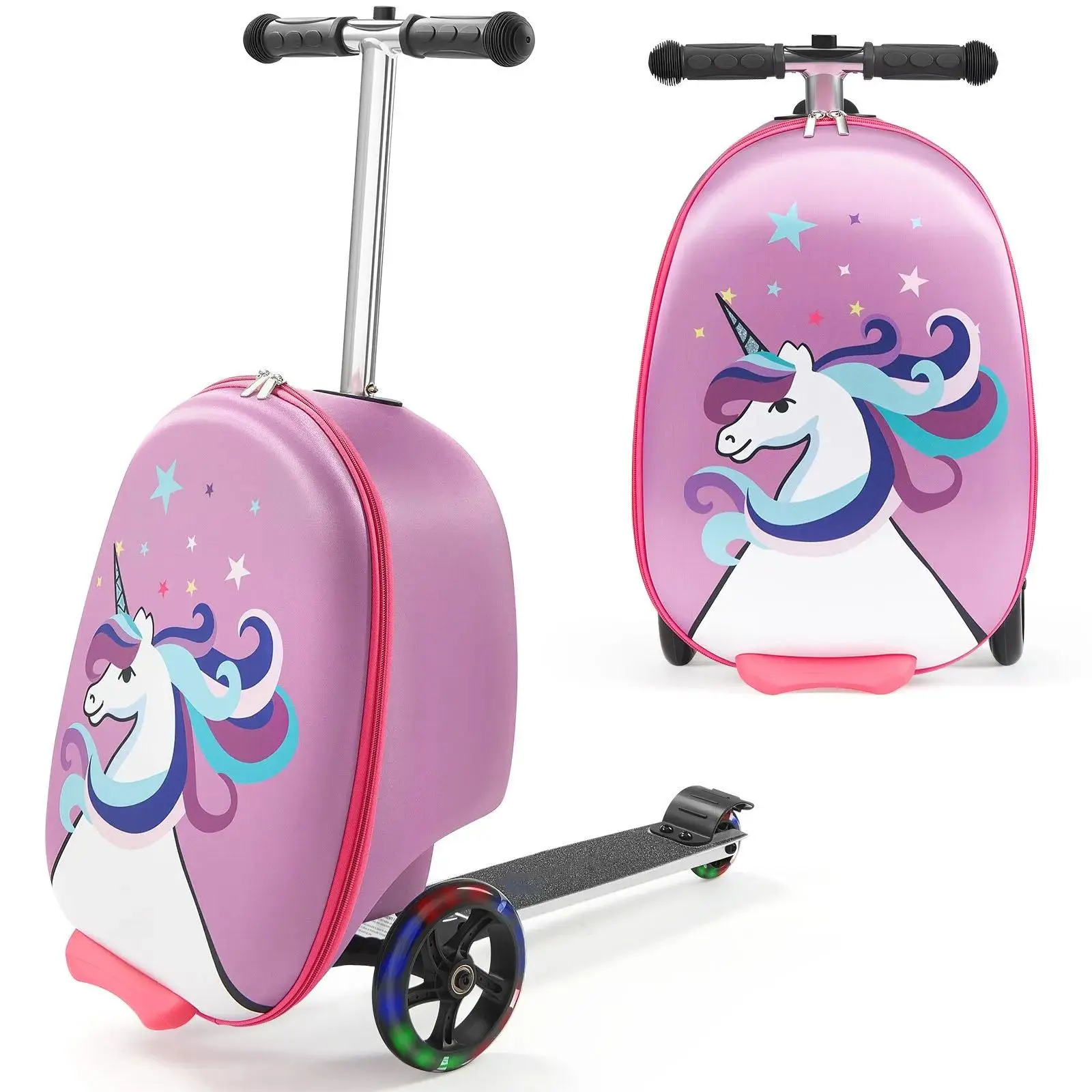 20 In Foldable Scooter Ride‑on Luggage 20L Capacity, Scratch‑Proof High‑Density EVA Shell Travel Suitcase with Flash Light‑Up PU Wheels, Adjustable Handle TPR Non‑Slip Grip & Foot Brake, Airline Approved Carry‑On for Kids Family Vacation Airport Trips