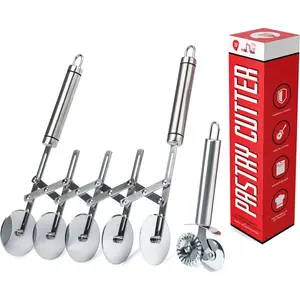 '-Dough' Pastry  Set. 5 Wheel Dough  and Dual Fluted Ravioli  Wheel/Pizza  Wheel! Versatile Brownie , Pasta Maker, Noodle , Stainless Steel Pizza Slicer