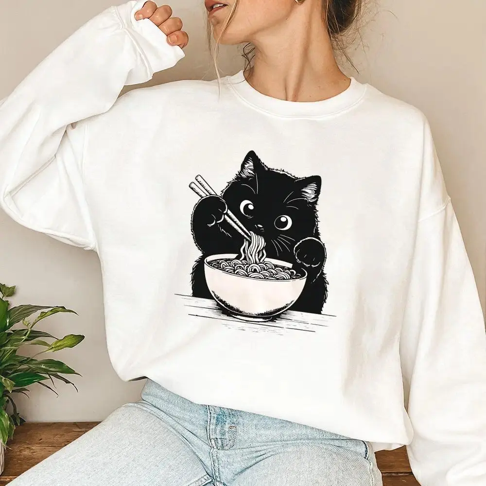 Women's Noodle Cat Graphic Sweatshirt, Cute Black Cat & Ramen Kawaii Print Pullover, Casual Foodie Top, Ideal Gift for Food Lovers