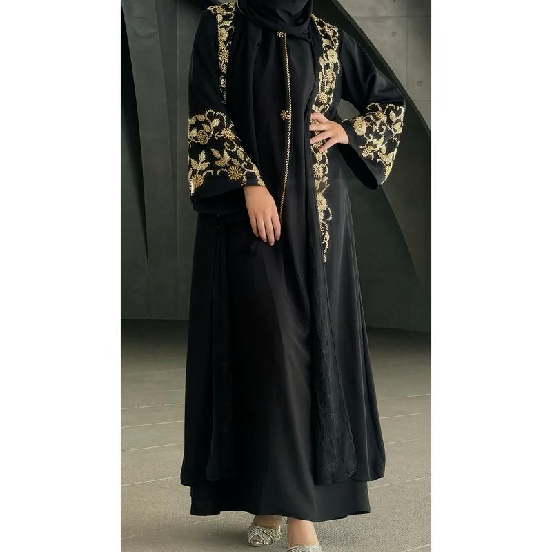 Black Banquet Dress Abaya Set | Embroidered Diamond Elegance 3-Piece Abaya with Hijab (MOA184)
