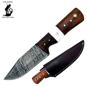 BC 836-DB 8" Wood Bone Collector Damascus Blade Fixed Blade Knife with Leather Sheath Brown Wooden Steel Stainless Steel