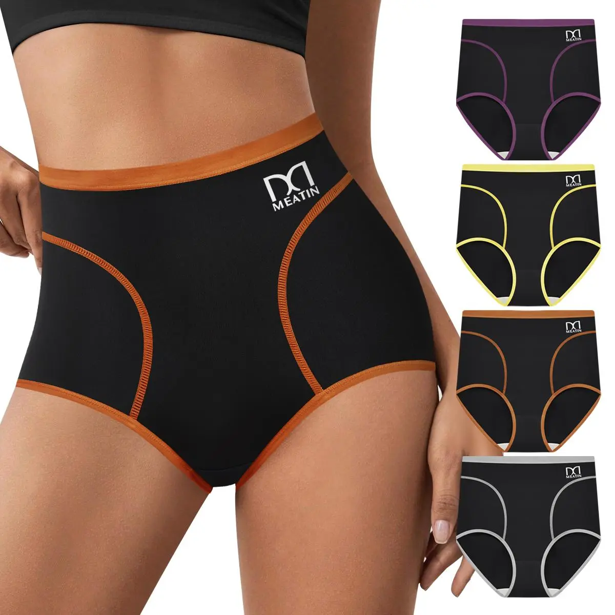 QUASTI Women's 4-Pack High-Waist Color Block Panties - Polyester, Breathable Soft Fabric, Full Coverage, High Elasticity, Hip Lifting, Activewear, Sportswear, Athletic, S-XXL