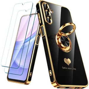 for Samsung Galaxy A15 5G Case with 2 Pack Screen Protector, 360° Rotatable Ring Holder [Luxury Hearts Pattern] Plating Gold Edge Slim Soft Phone Cover Case for Galaxy A15 - Black