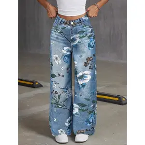Women's Pocket? Denim-Effect Print? Casual Comfortable Denim-Effect Print Pants Women’s blue floral maternity jeans for daily wear, suitable for all seasons, street style