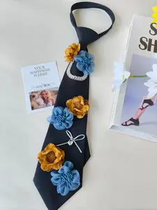 Handmade Women's Floral Tie, Blue Contrast Chain Decor, Vintage Sweet Cool Style, Perfect Gift Choice