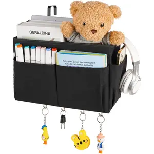 Bedside Storage Organizer 5 Pockets with 4 Hooks  Storage Bag for Headboards/Bunk Bed (Black)